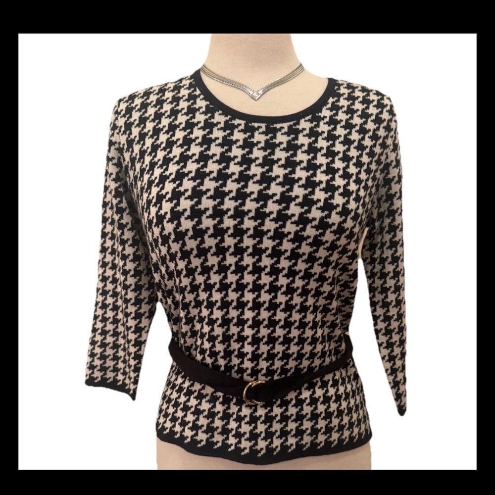 Women’s Black & White Houndstooth Silk Blend 3/4 Sleeves Holiday Sweater NWOT